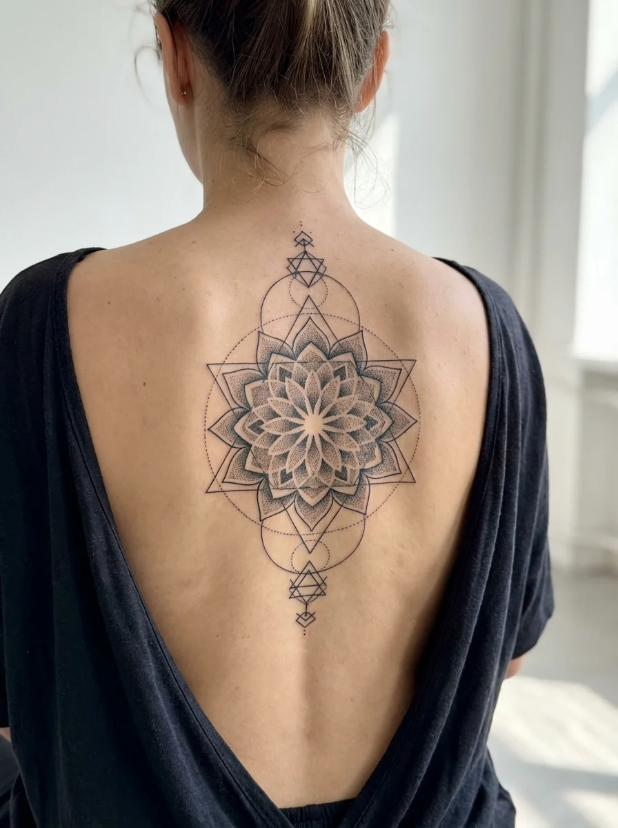 woman with geometric mandala spine tattoo
