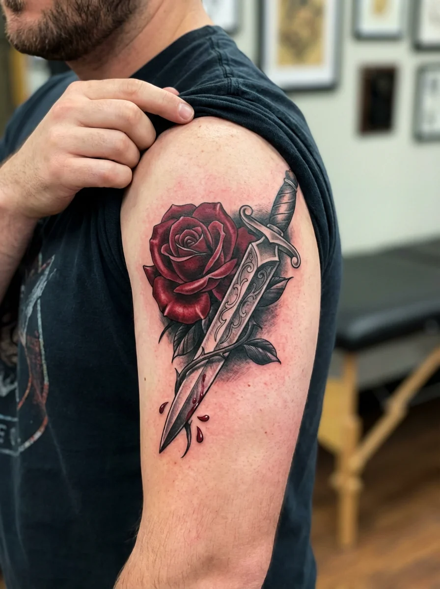 rose and dagger shoulder tattoo design