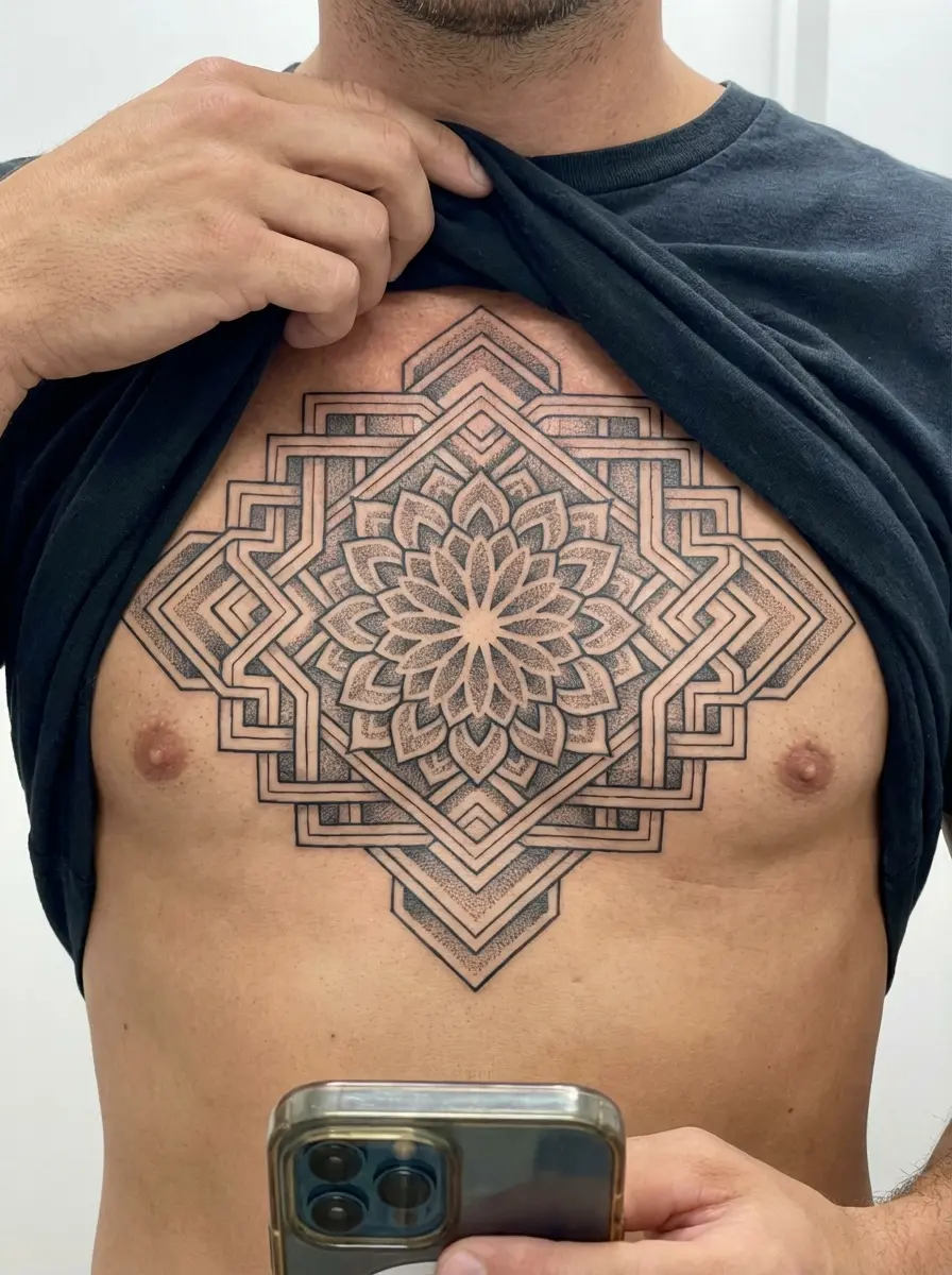 man with geometric chest tattoo