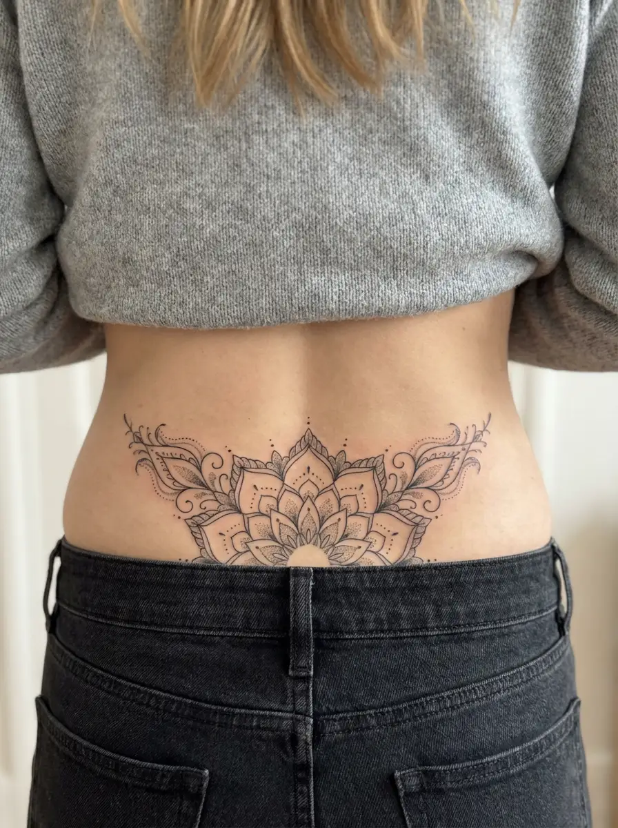 woman with fine line lower back tattoo