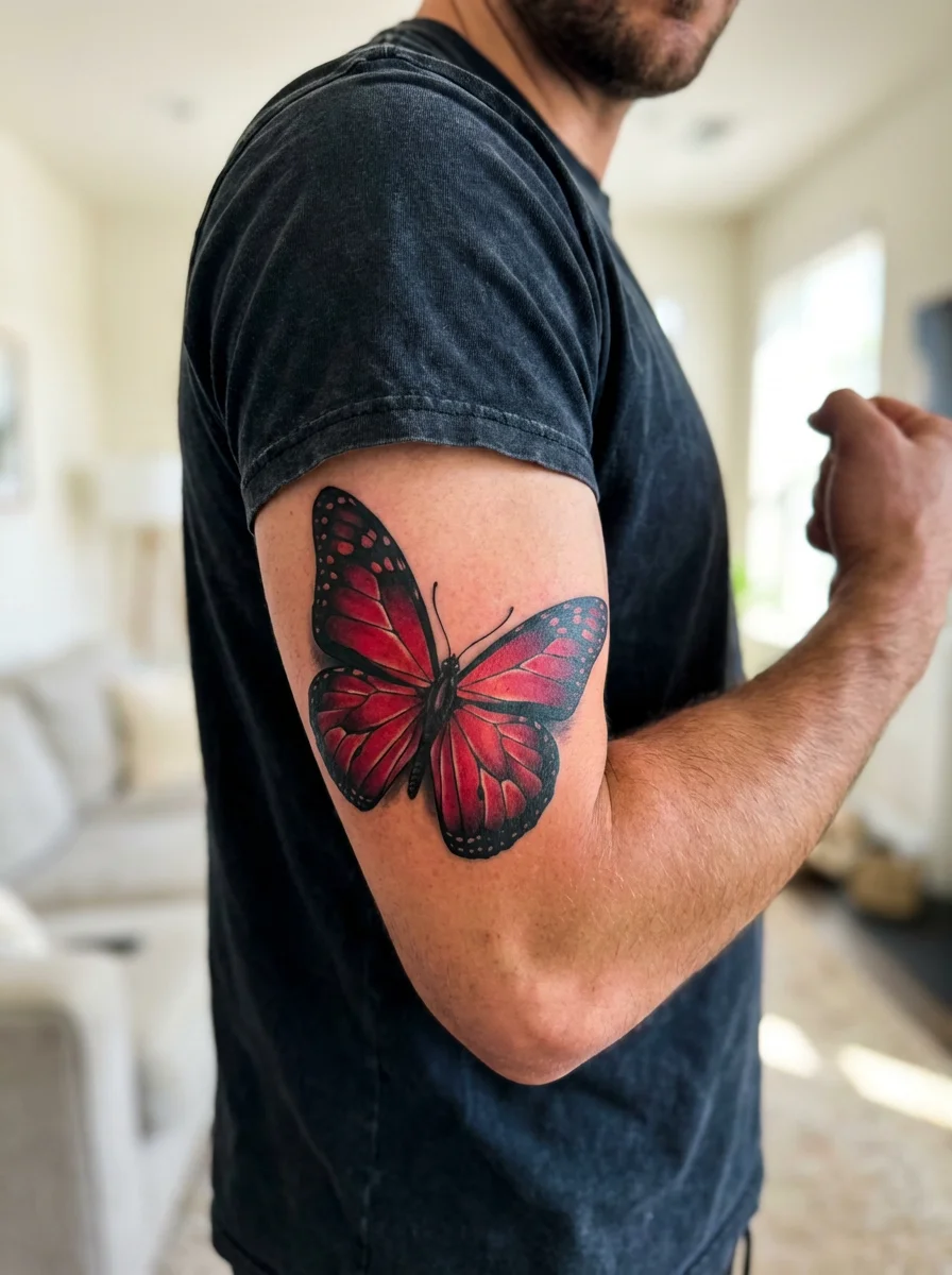 red butterfly upper arm tattoo expressing passion