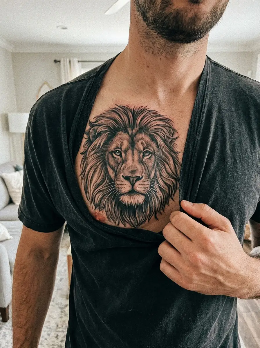 man with lion head chest tattoo