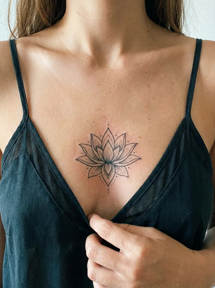 woman sternum lotus flower tattoo fine linework