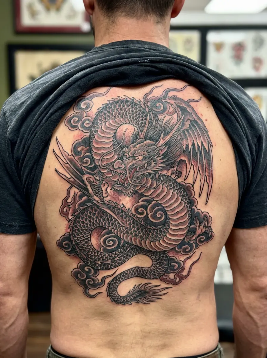 Dragon back piece across shoulder blades