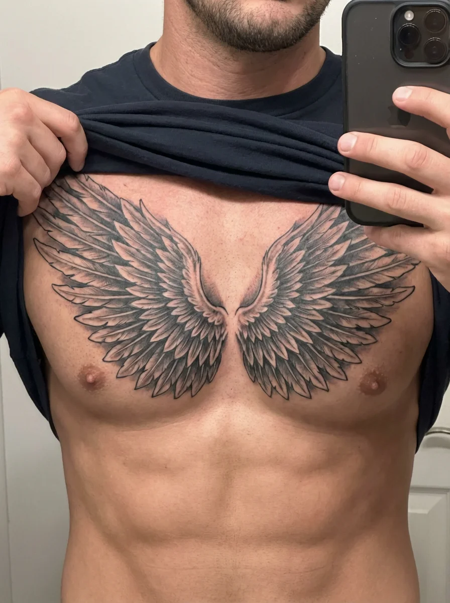 man with symmetrical wing chest tattoo