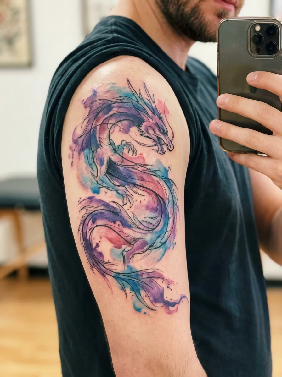 Watercolor dragon shoulder tattoo design