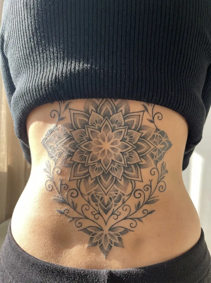 woman lower back mandala tattoo with floral vines