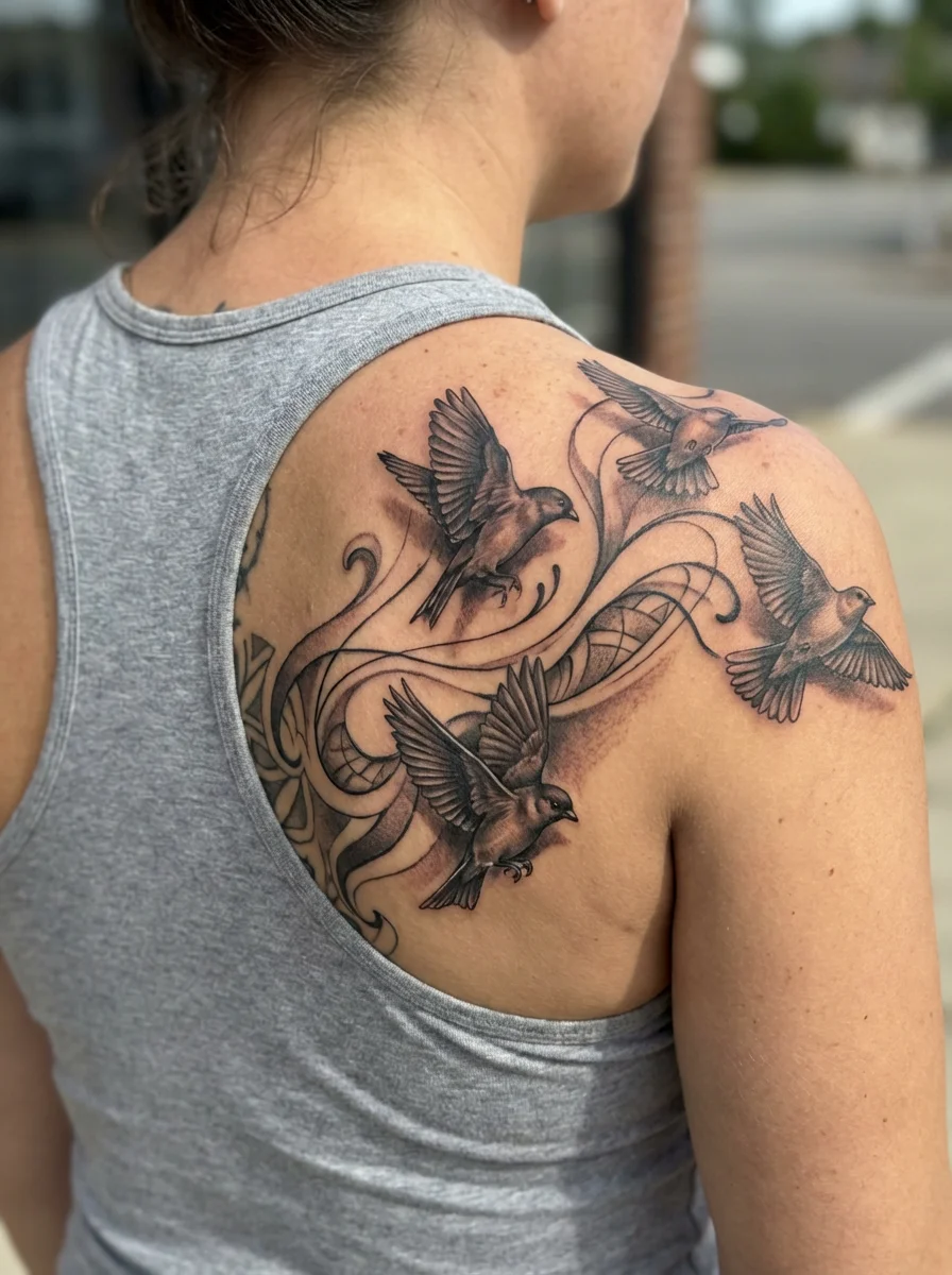 3D birds back tattoo with linked elements for women