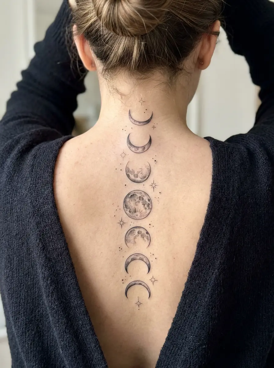 woman with moon phases spine tattoo