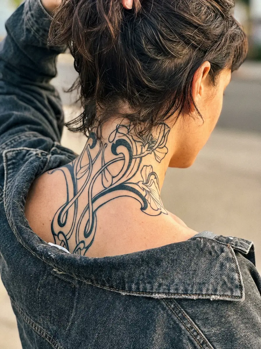 bold neck to back tattoo design for women