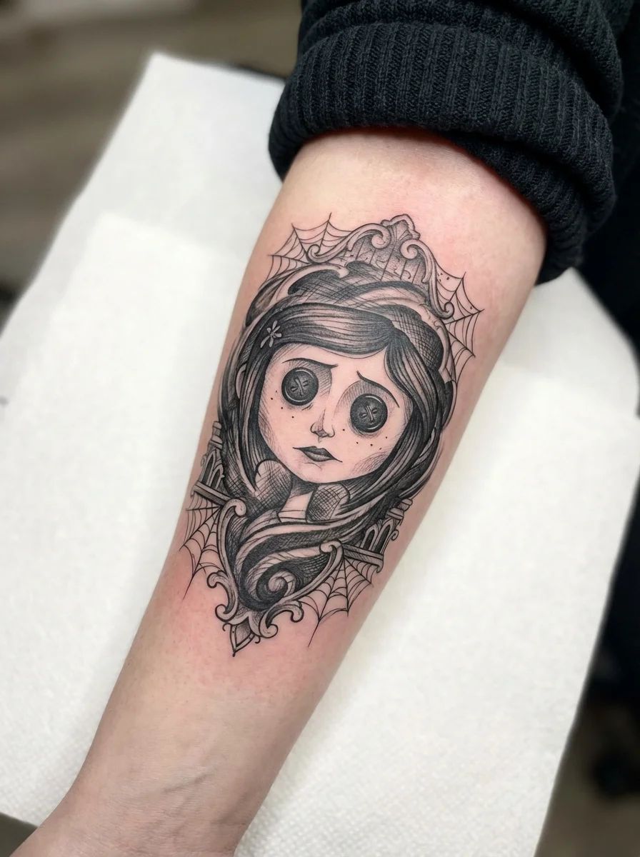 woman Coraline button eyes tattoo upper arm