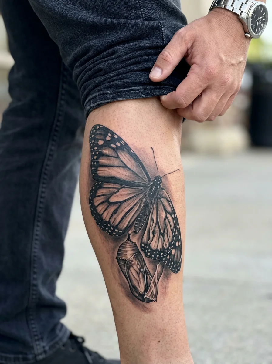 butterfly chrysalis metamorphosis calf tattoo