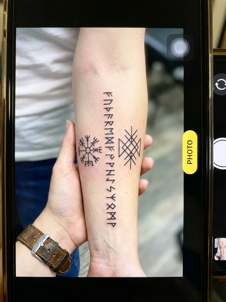woman Viking runes forearm tattoo Norse symbols