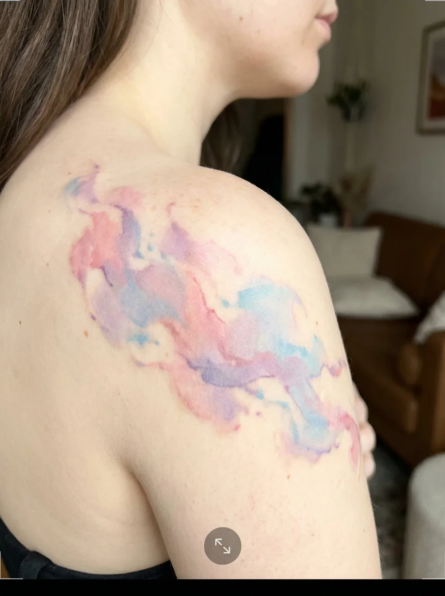 woman abstract watercolor splash tattoo shoulder