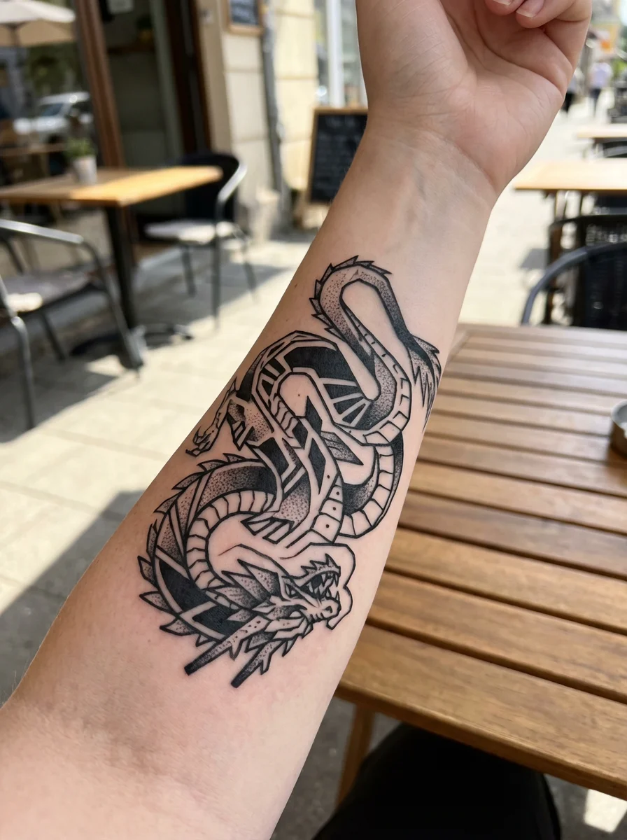 Black and white graphic dragon forearm tattoo