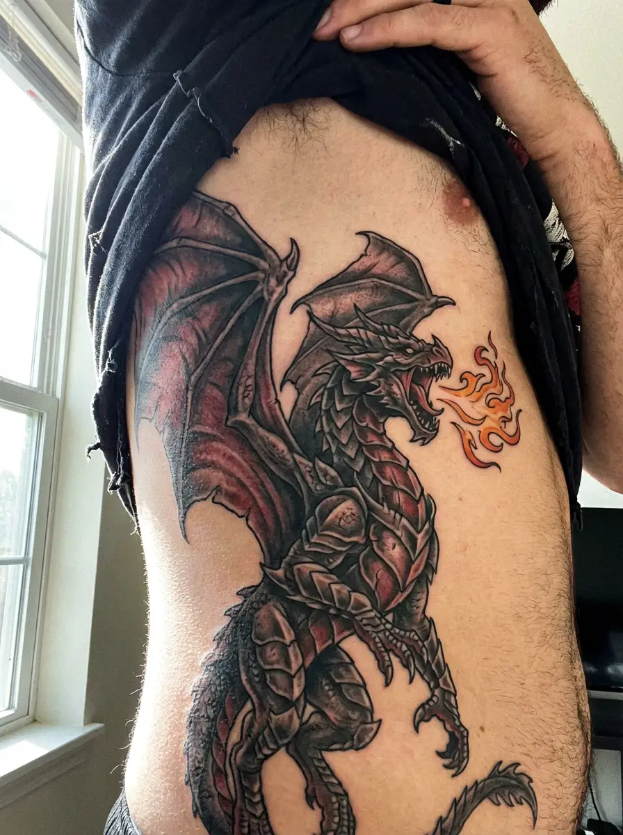 Western fire breathing dragon side tattoo