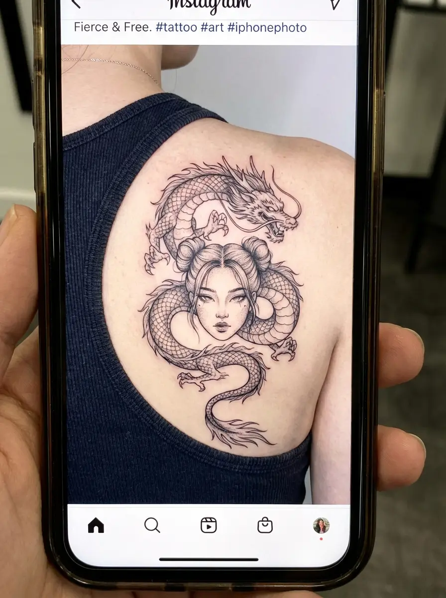 woman dragon with space buns tattoo shoulder blade