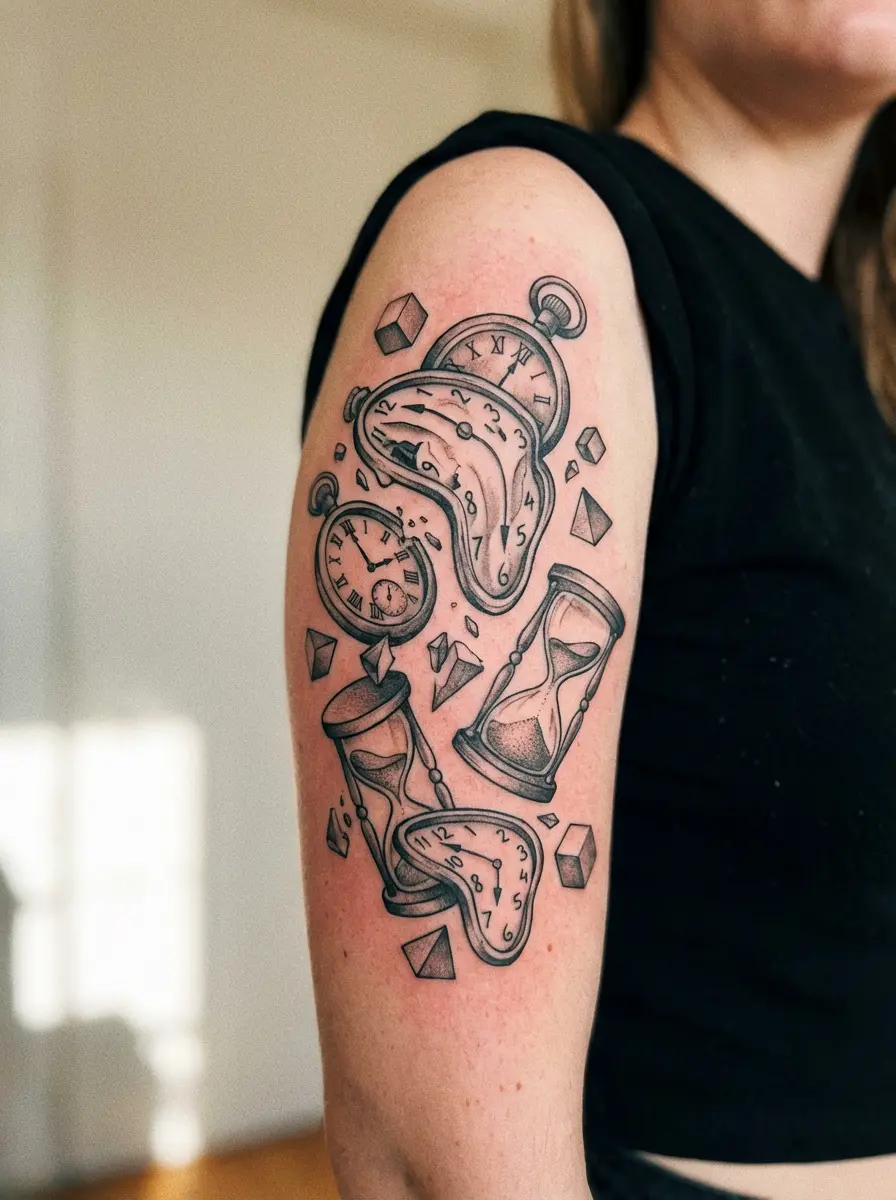 woman surrealist melting clocks tattoo upper arm