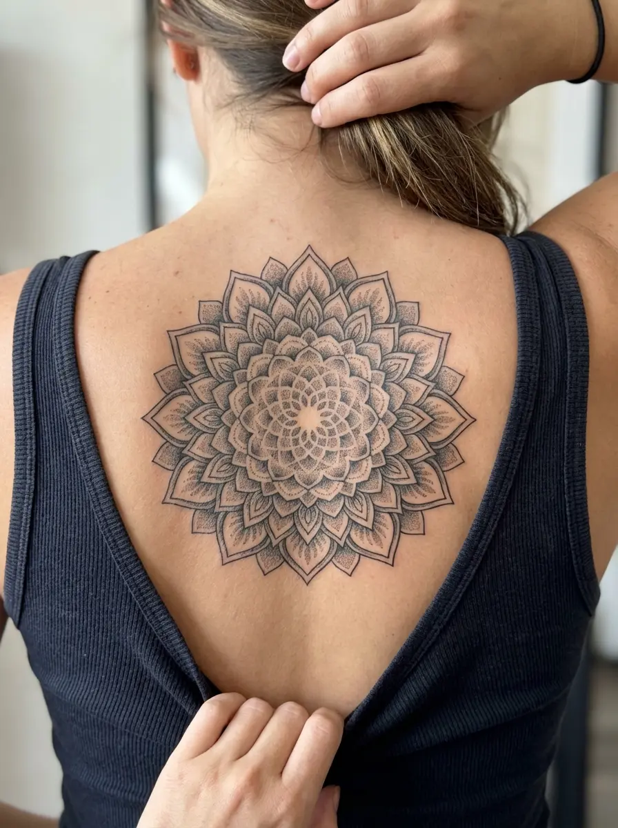 woman with mandala back tattoo