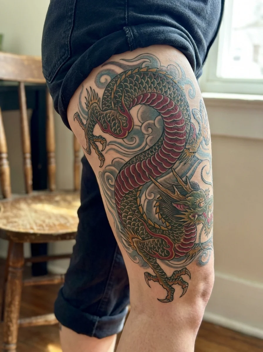 Dragon thigh tattoo wrapping around leg