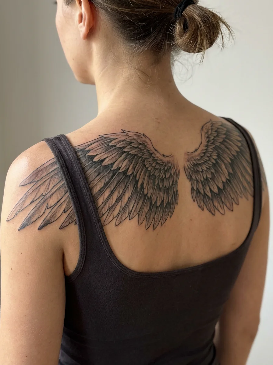 woman with angel wings back tattoo