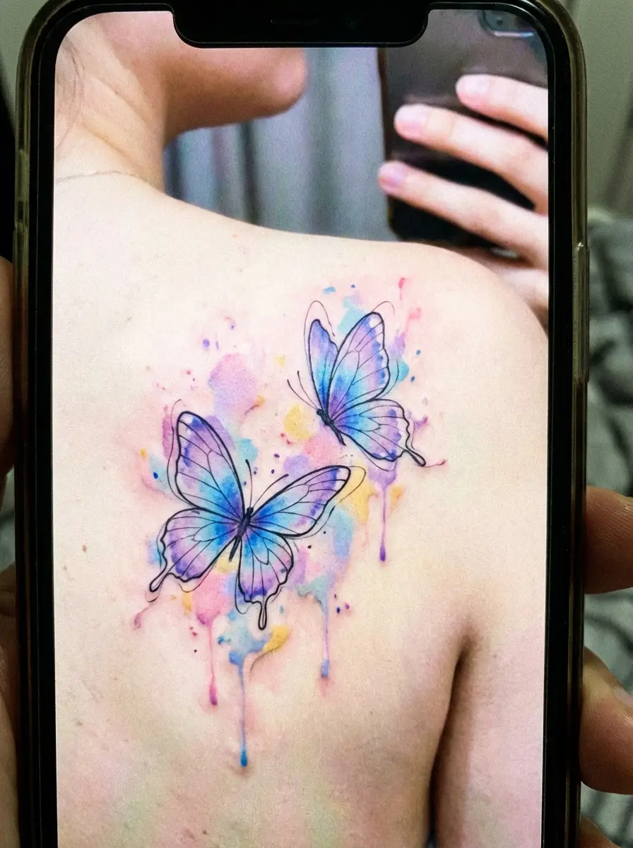 woman with watercolor butterfly tattoo