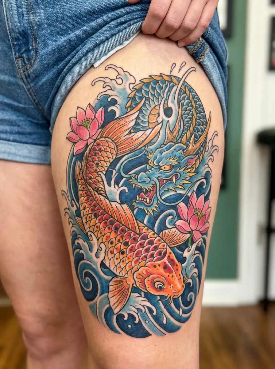 Koi dragon transformation thigh tattoo