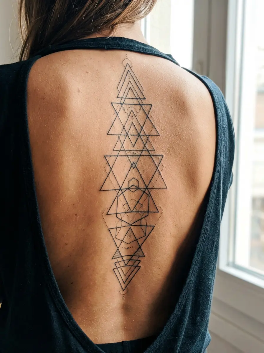 geometric spine tattoo with fine line work for women