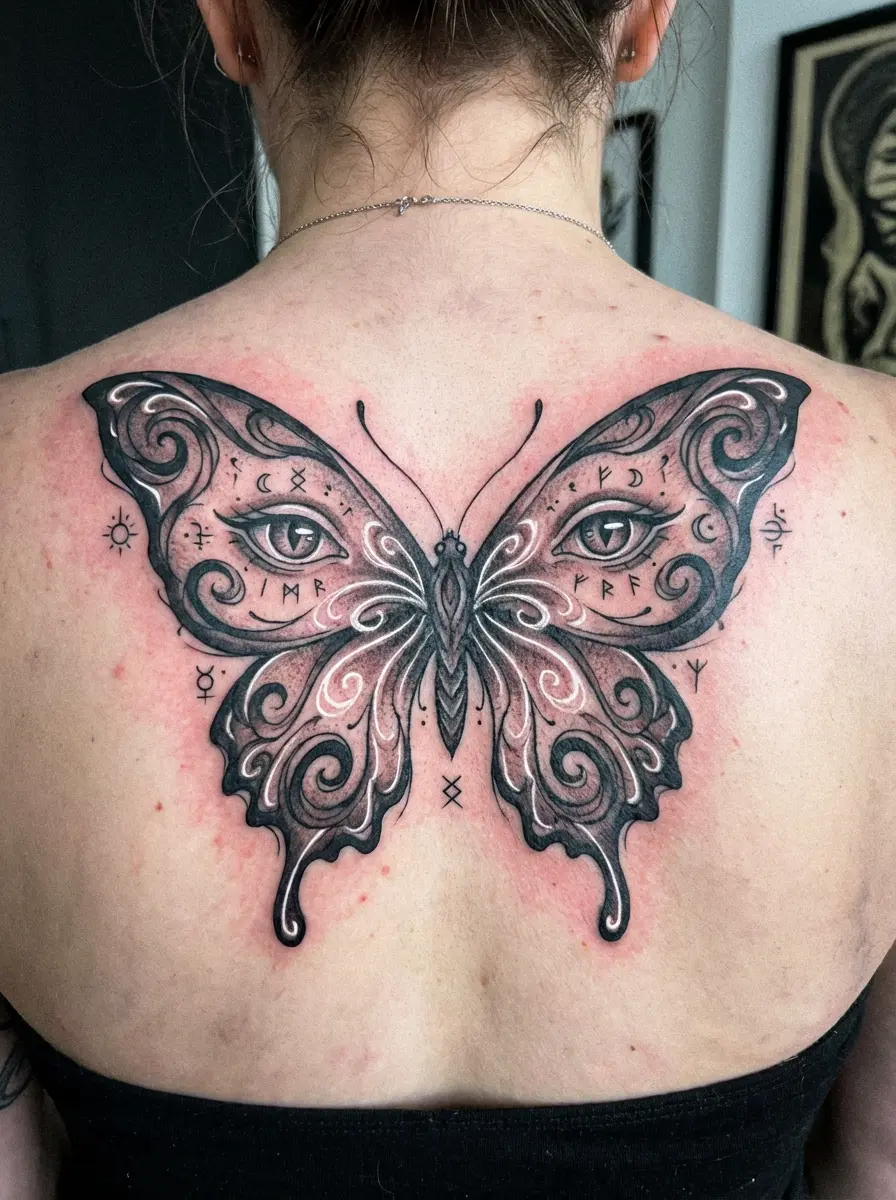 woman butterfly oracle eyes tattoo upper back