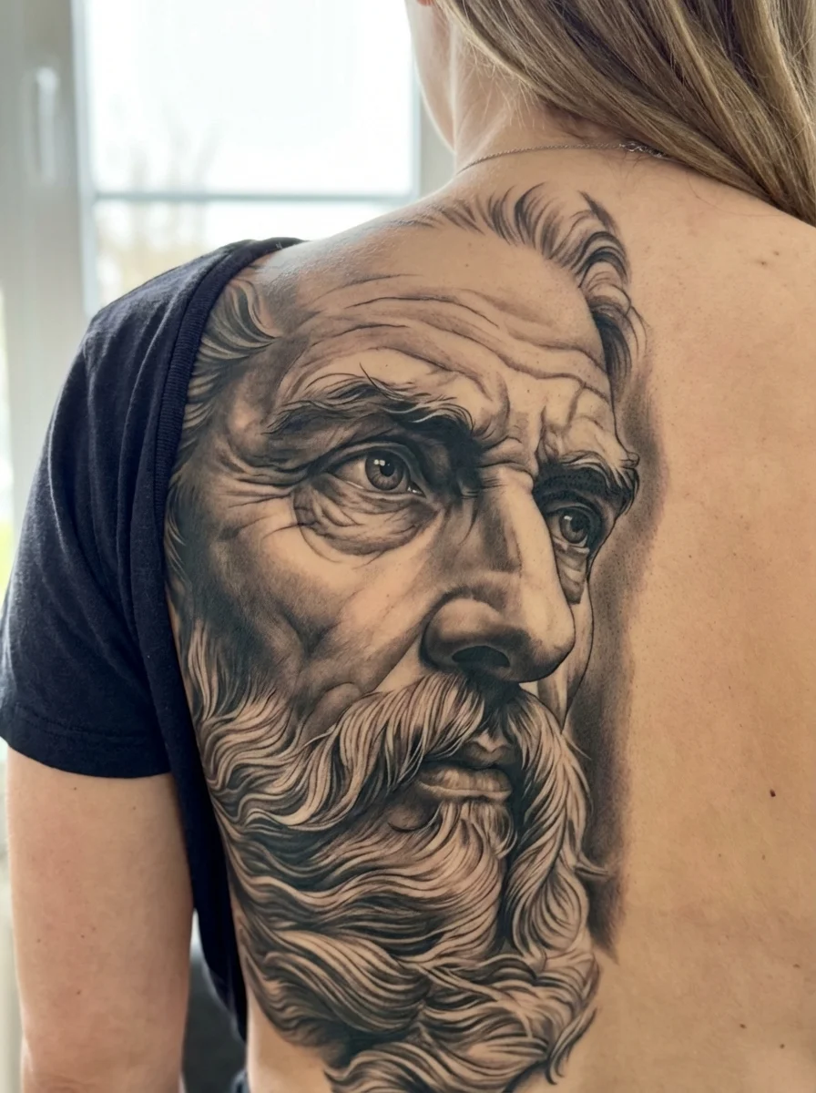 realistic portrait back tattoo for women