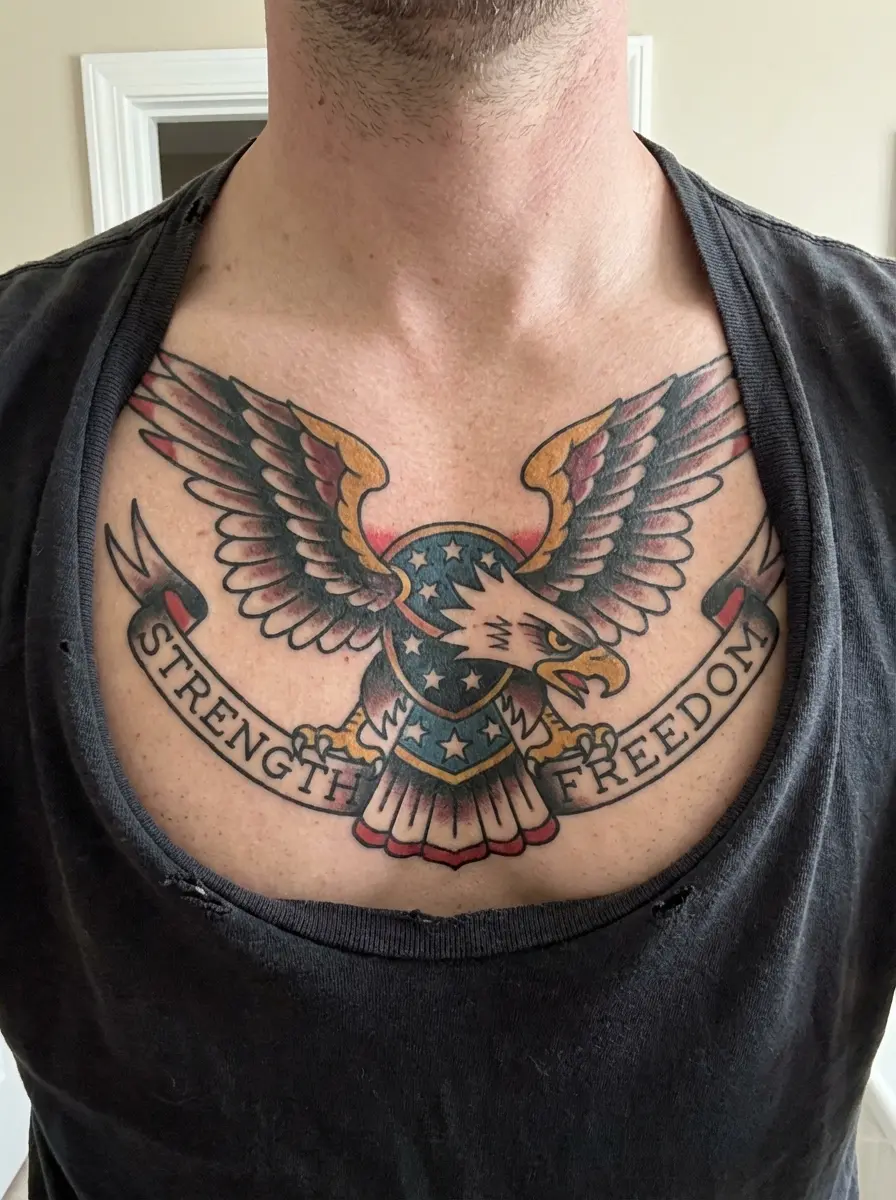 man with American traditional eagle chest tattoo