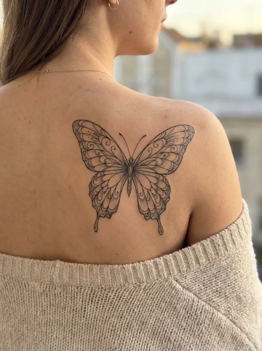 delicate fine line butterfly back tattoo