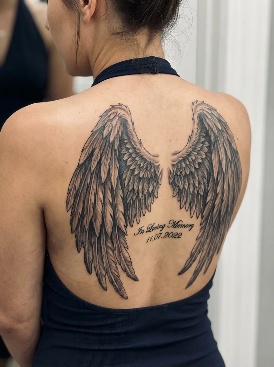 angel wings back tattoo spanning full back for women