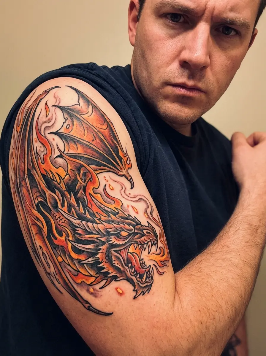 Fire dragon chest tattoo with flames
