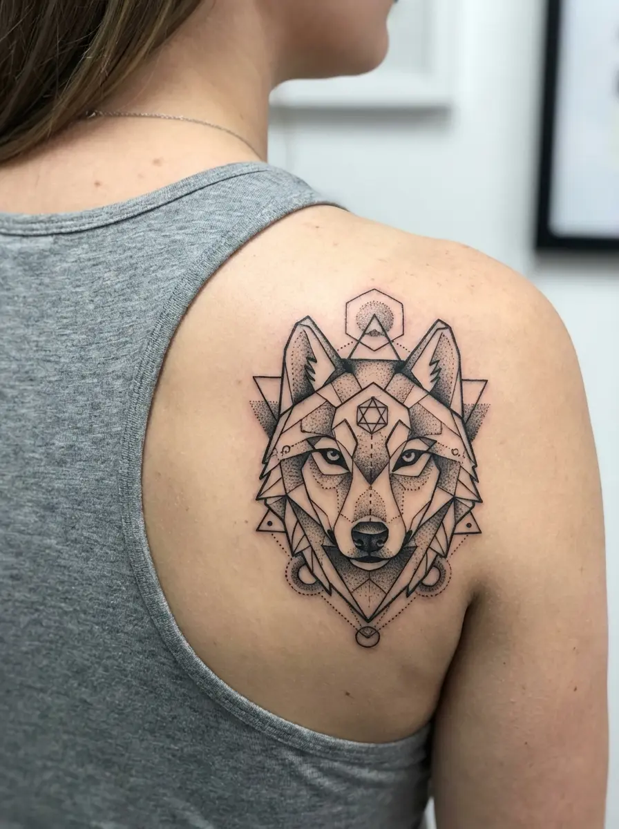 geometric wolf shoulder tattoo with precise patterns