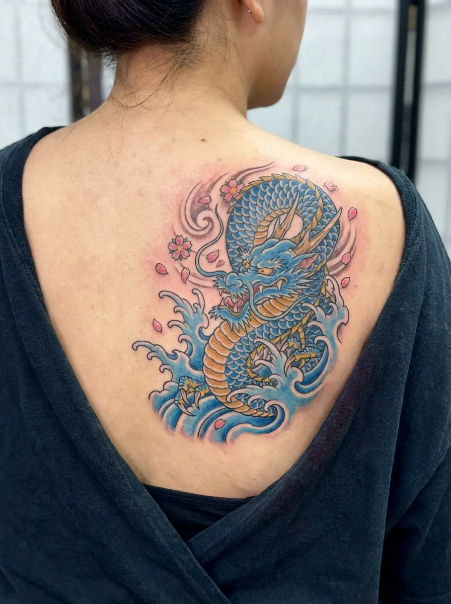 Japanese Ryū dragon back tattoo with waves