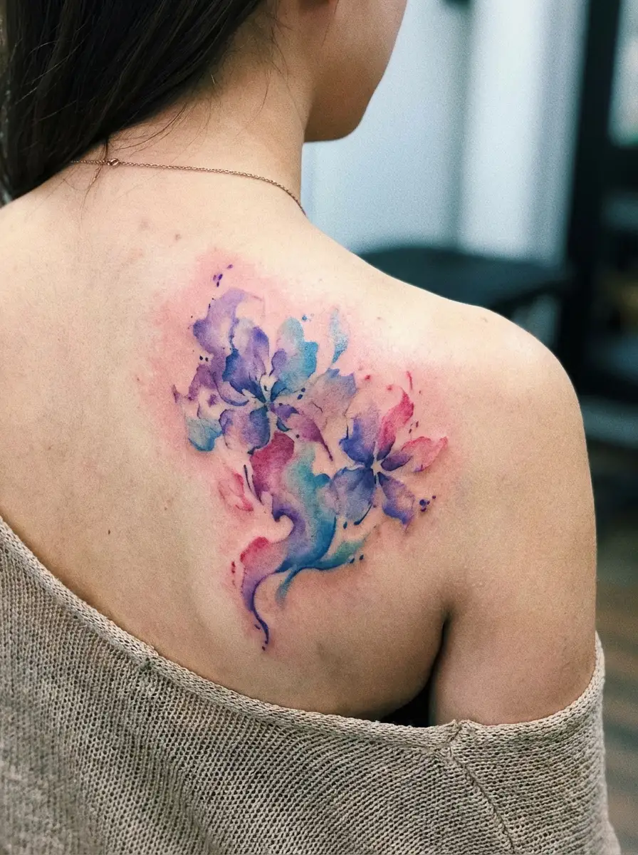 watercolor back tattoo with vibrant colors for women