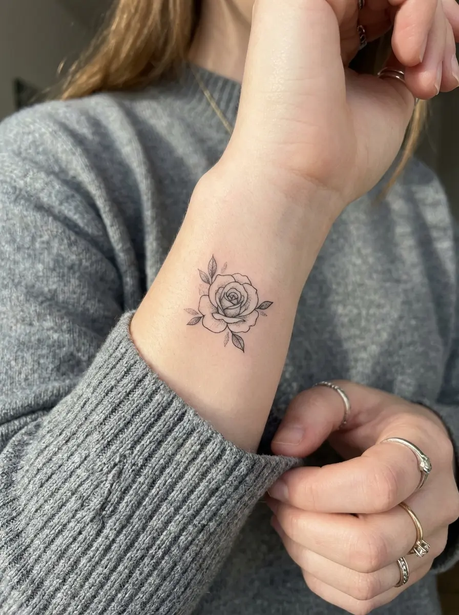 woman single rose wrist tattoo fine line