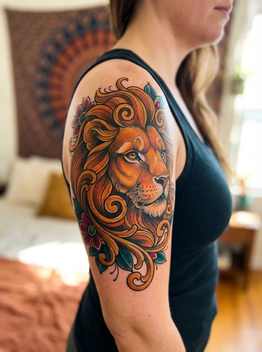 neo-traditional lion shoulder tattoo with detailed mane