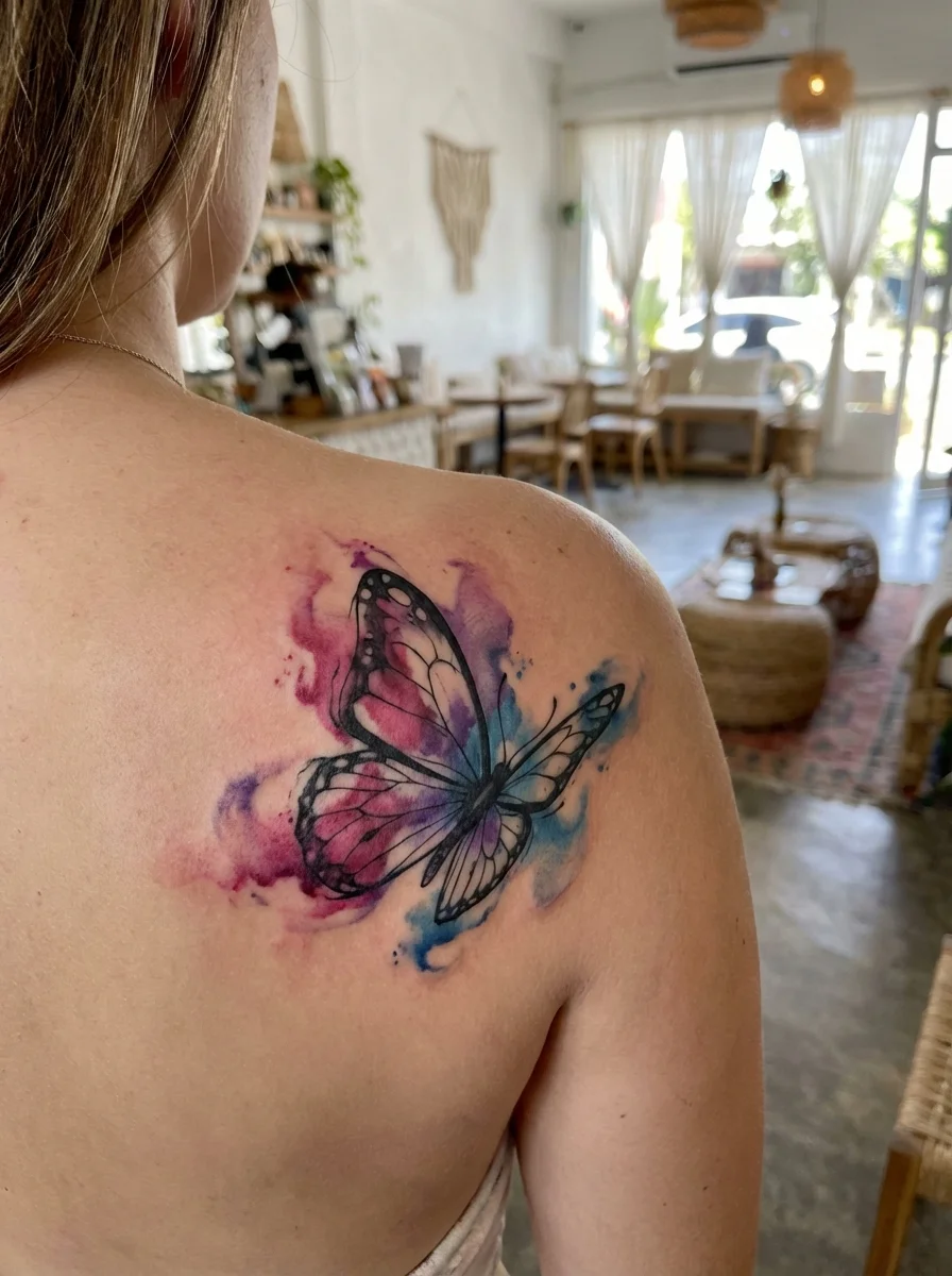 watercolor butterfly shoulder tattoo with flowing colors