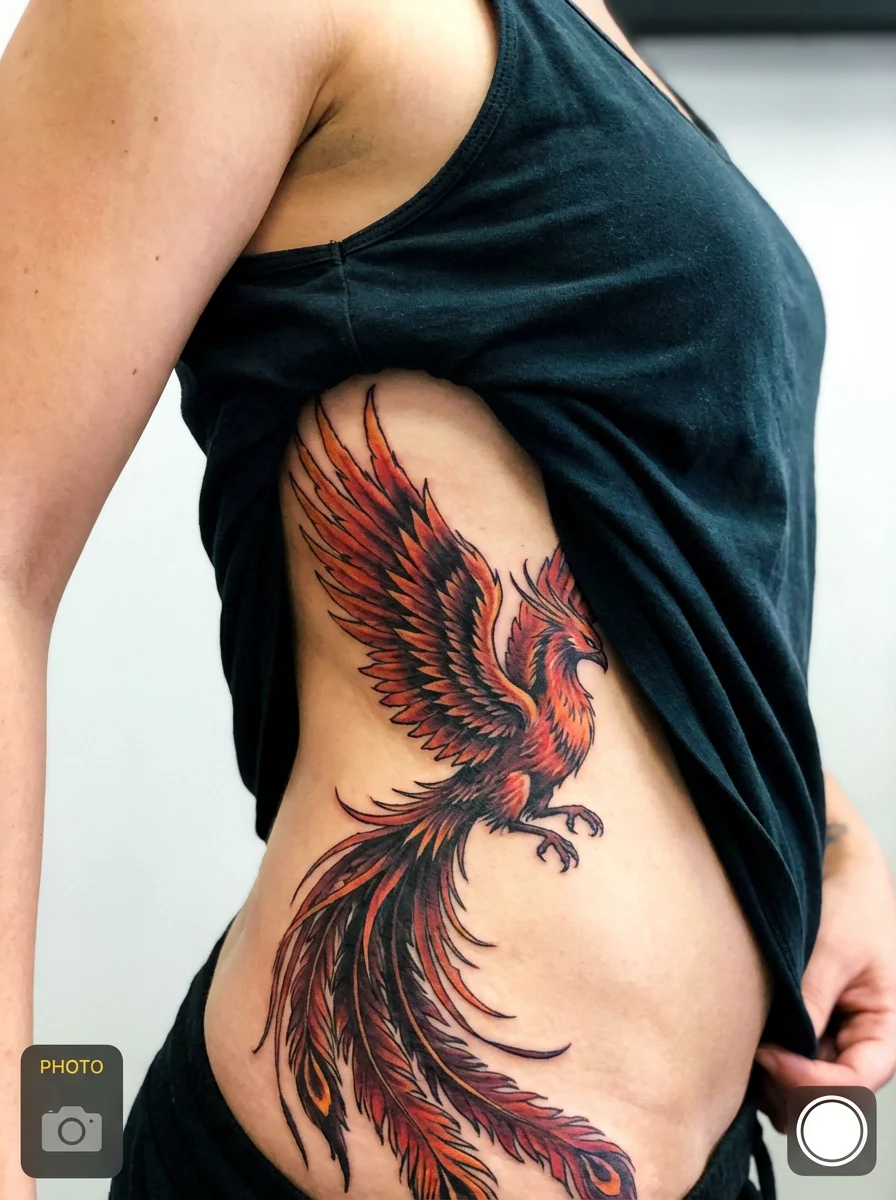 woman phoenix rising tattoo on side torso