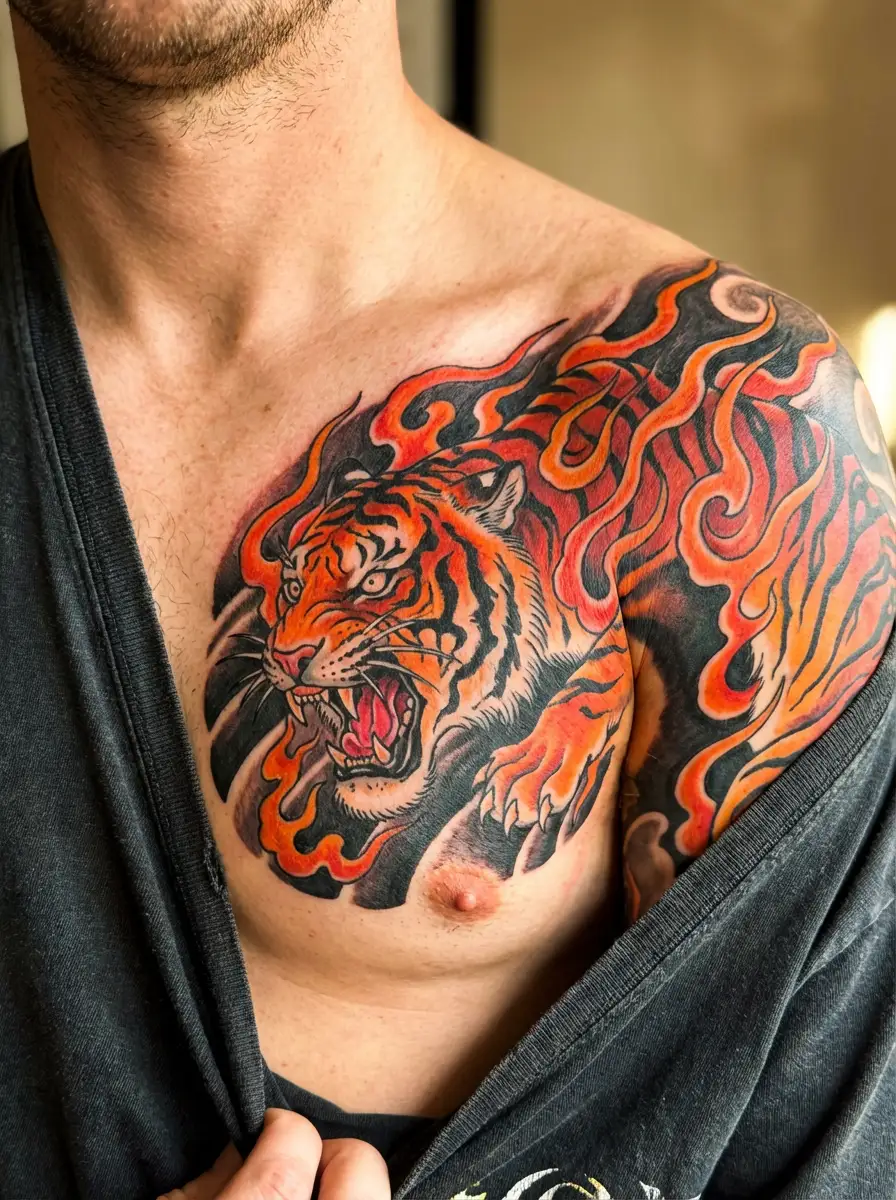 man with tiger and flames chest tattoo