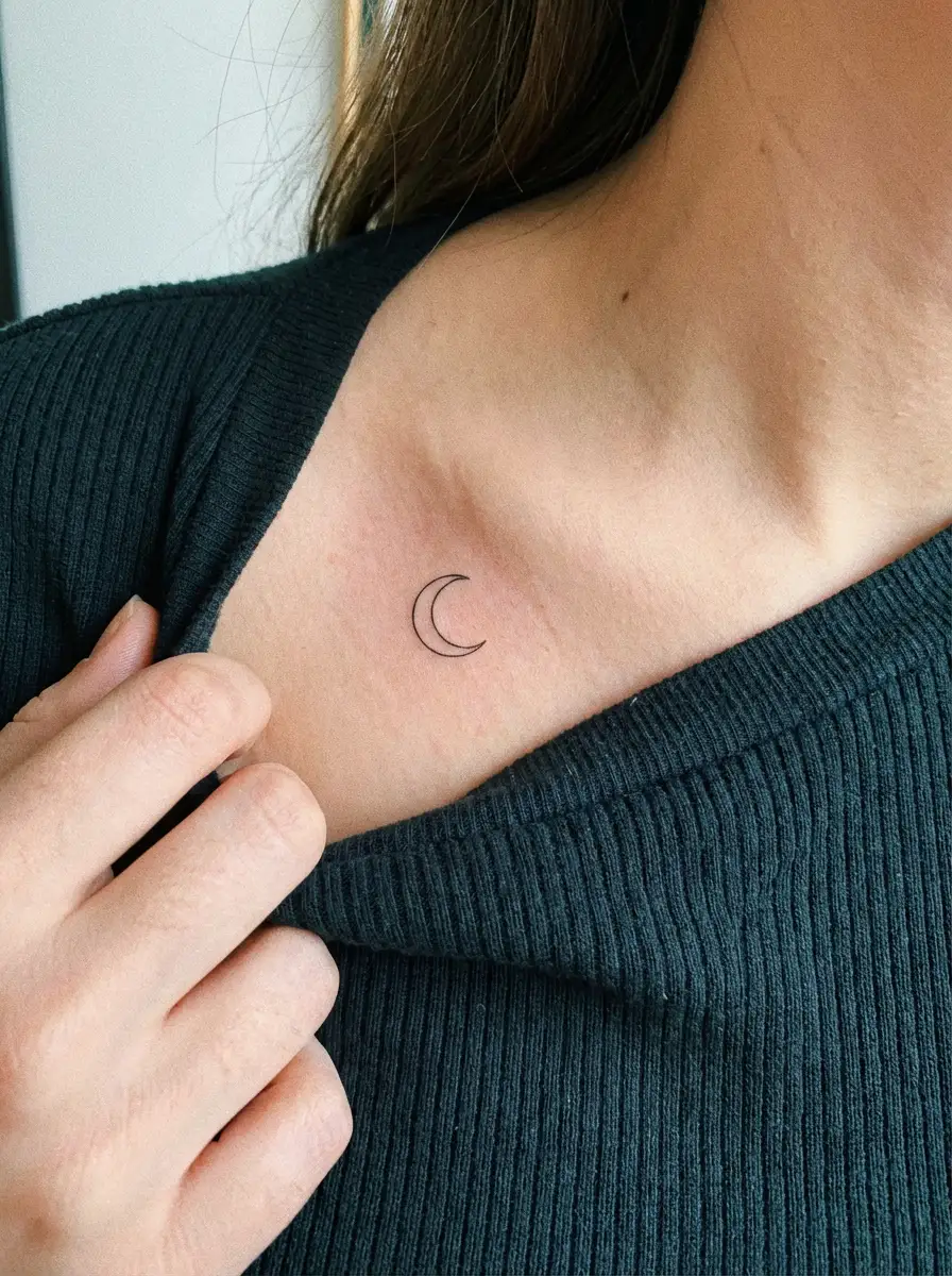woman minimalist crescent moon collarbone tattoo