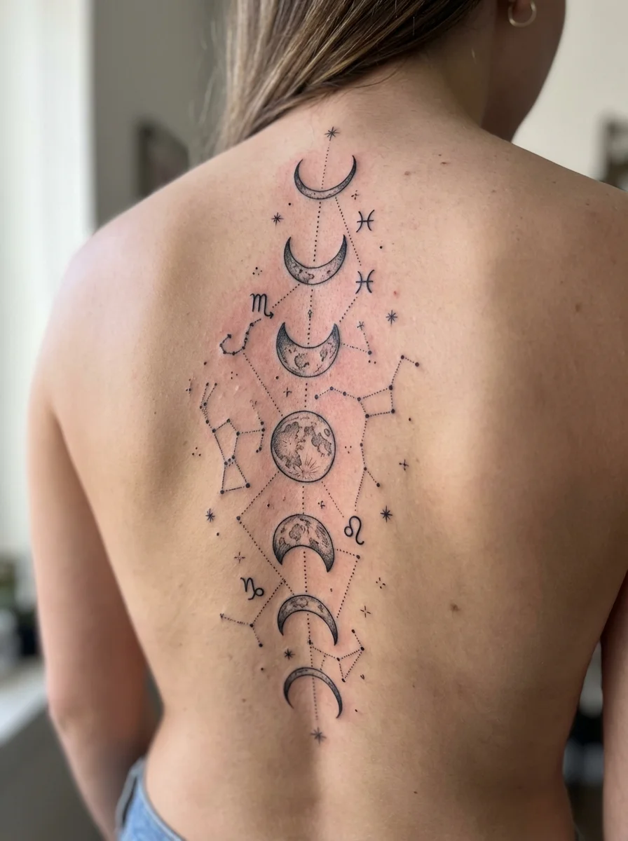 woman with moon phases and stars spine tattoo