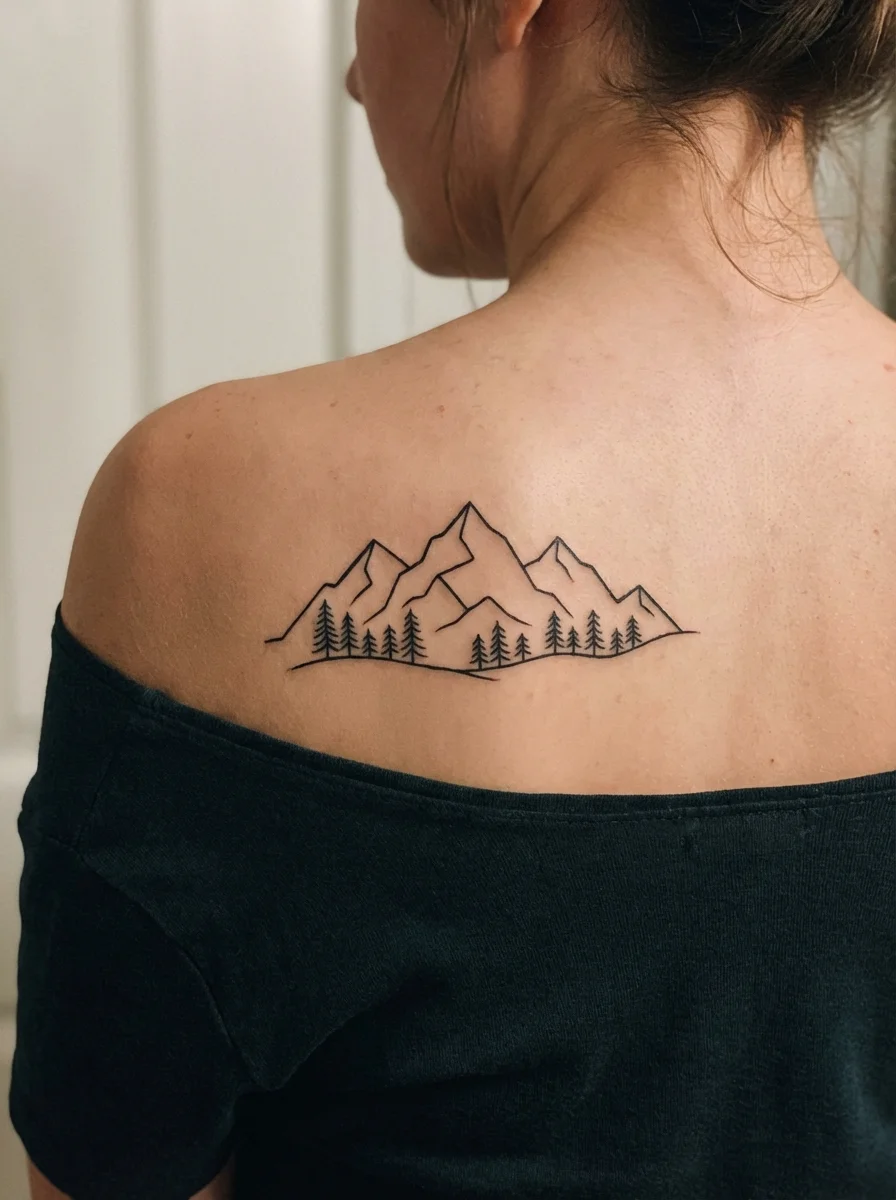 woman with mountain and tree back tattoo