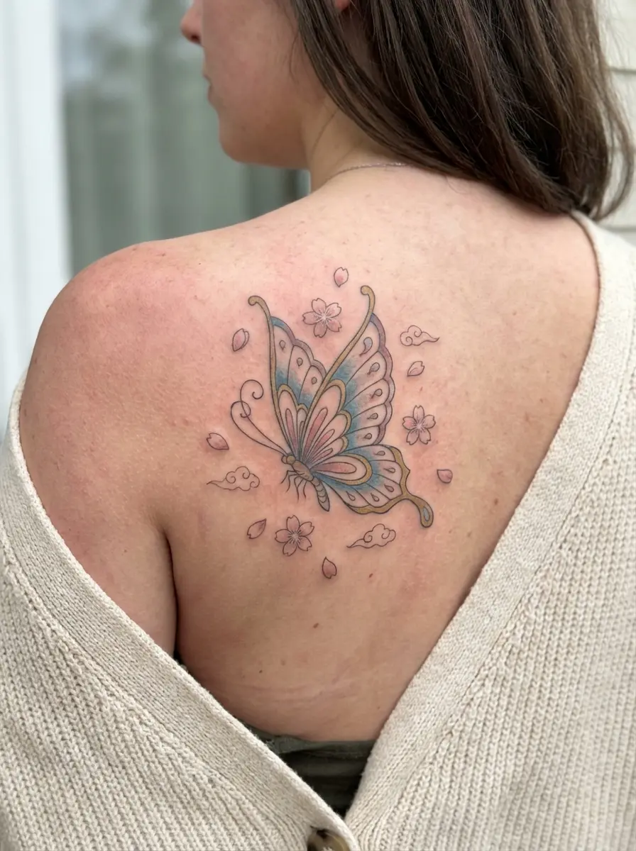 Japanese butterfly shoulder blade tattoo traditional design