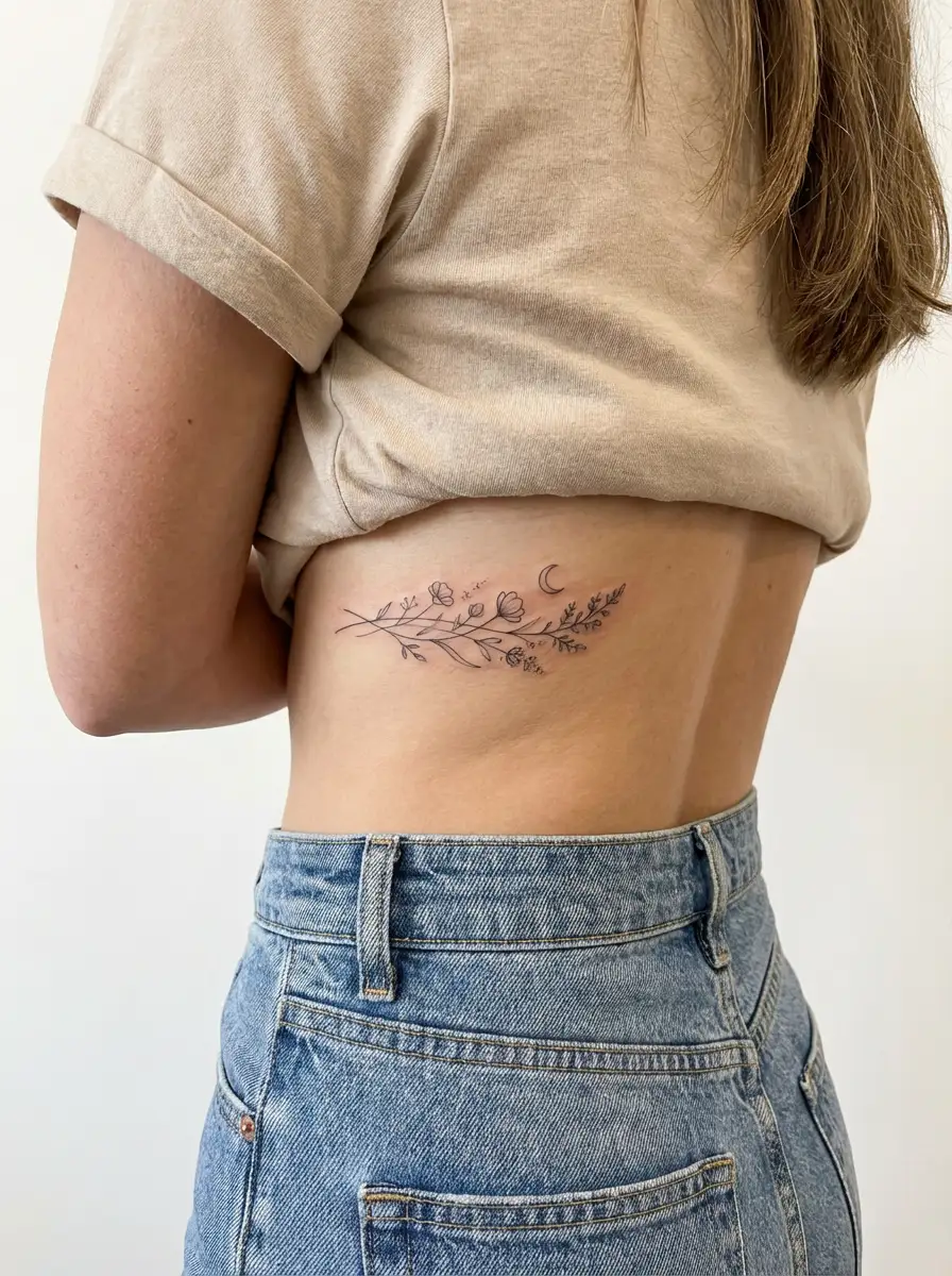 woman with dainty floral lower back tattoo