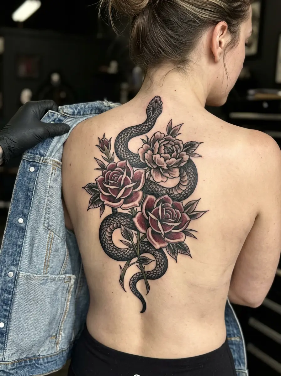 woman with snake and floral back tattoo