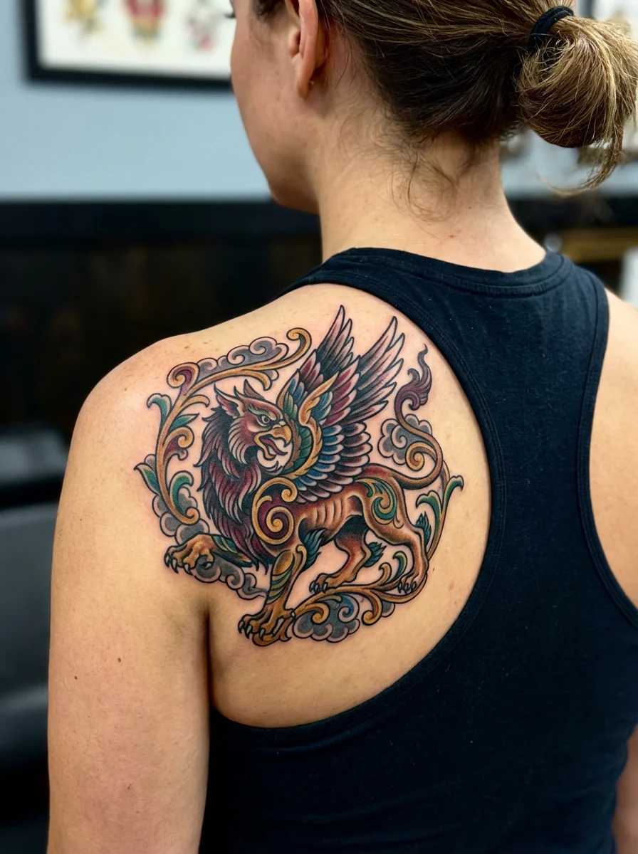 neo traditional mythical creature back tattoo for women