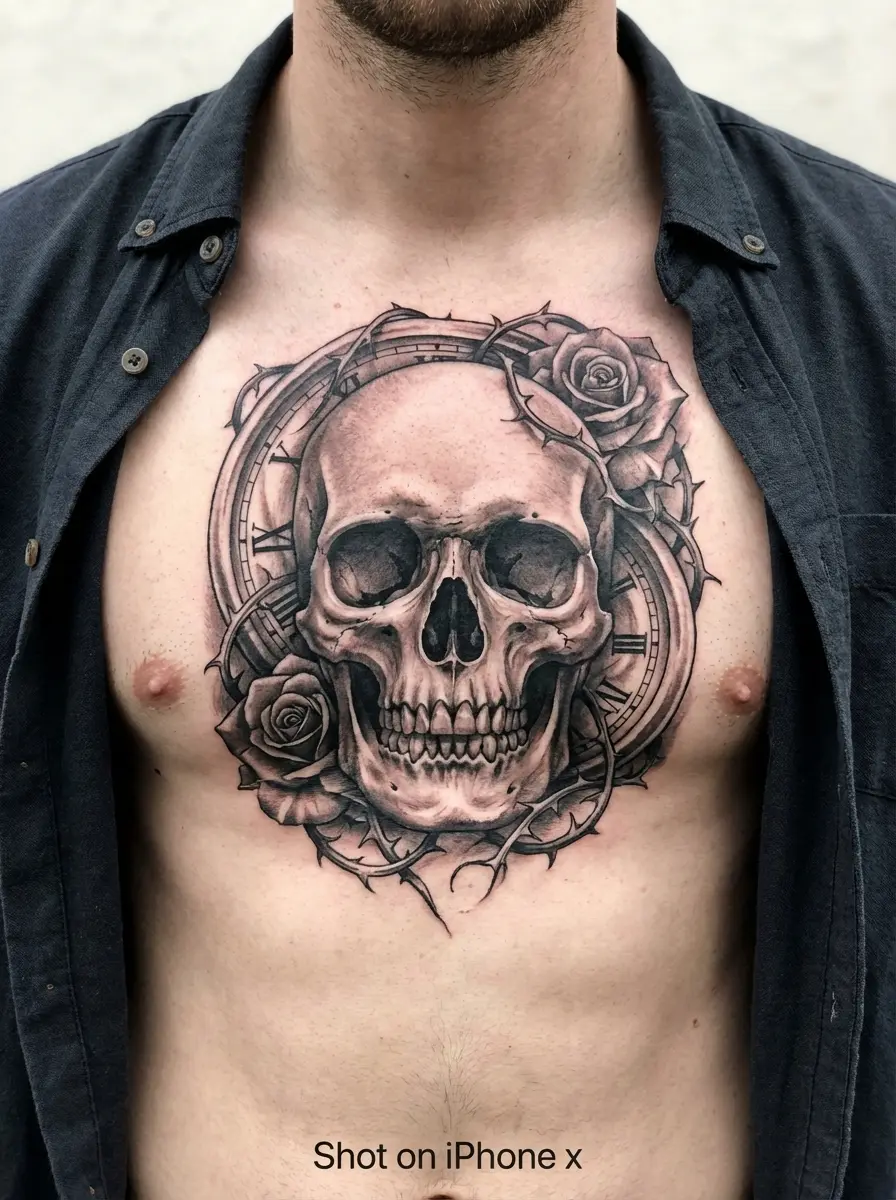 man with skull chest tattoo design